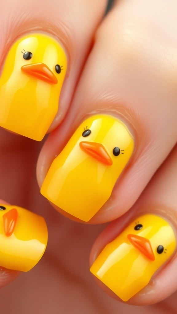 Close-up of duck-themed 3D nail art with yellow ducks on glossy nails.